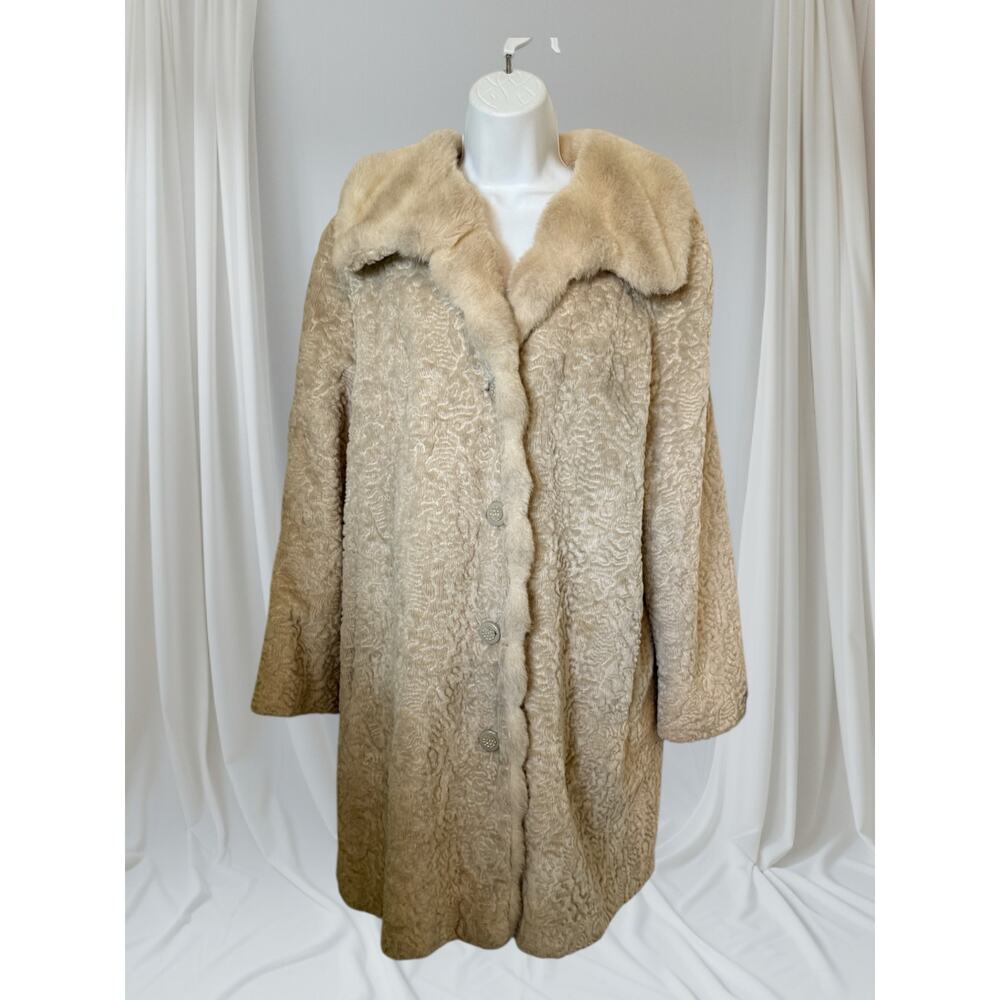 Vtg 1950s American Apparel Cream Faux Persian Lamb Coat with Mink-Style Collar